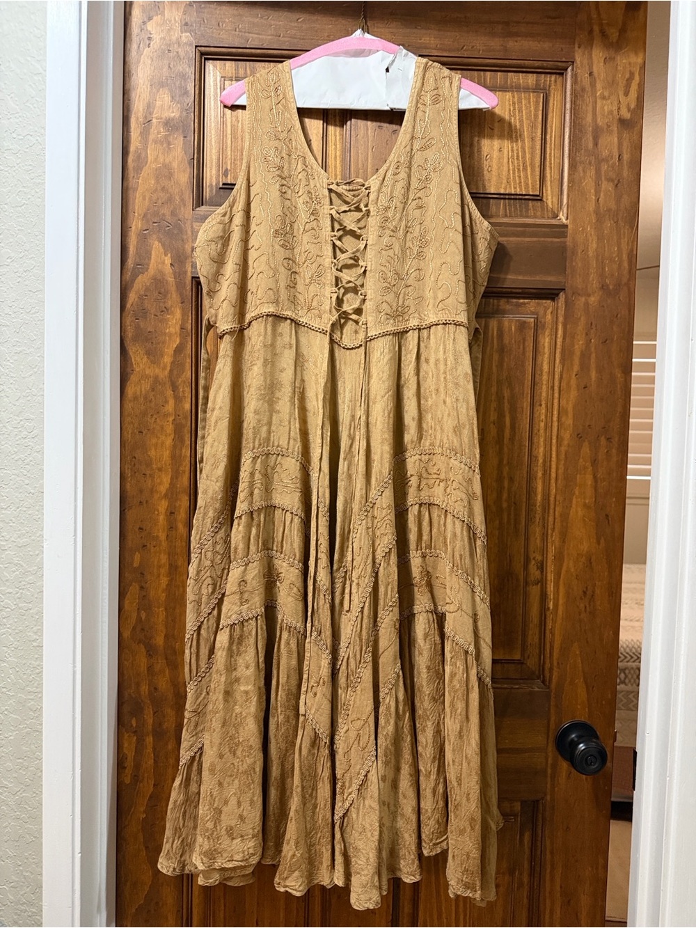 Scully Lace-Up Tiered Midi Dress in Tan